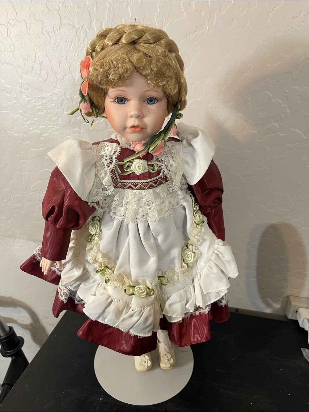 Seymour Mann Porcelain Doll in Burgundy Dress with White Lace